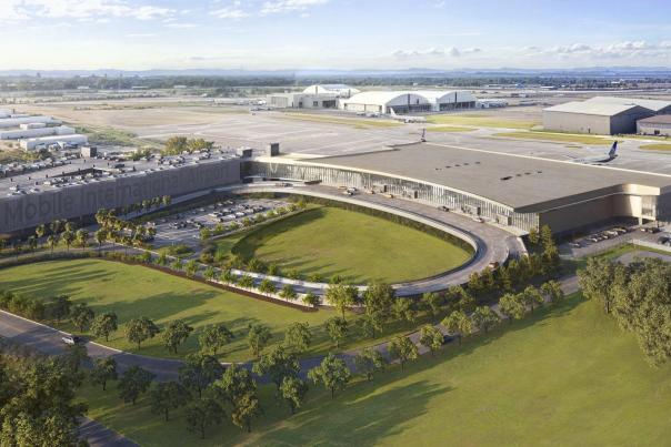 An overhead shot of a rendering of the Mobile International Airport