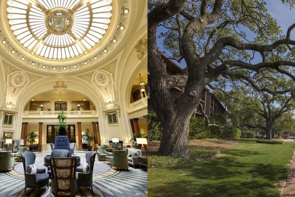 Battle House Hotel lobby with large round sky light and Grand Hotel brick walkway with large oak tree