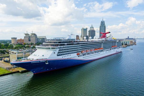Cruise ship sits docked in the port of Mobile