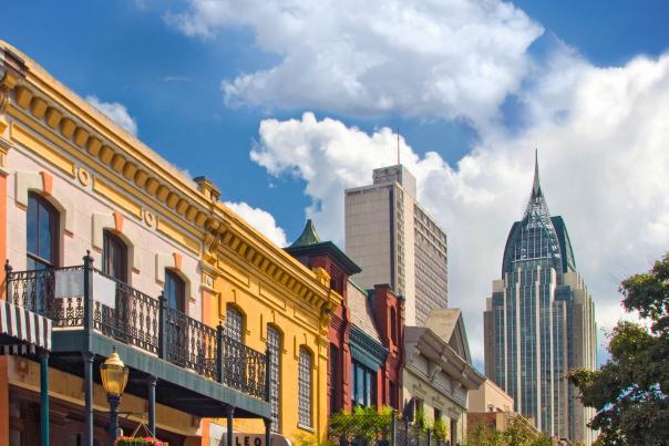 row of buisinesses on Dauphin Street downtown Mobile