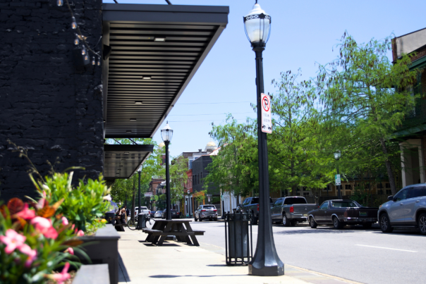 street view of downtown Mobile. Street lights and flowers.