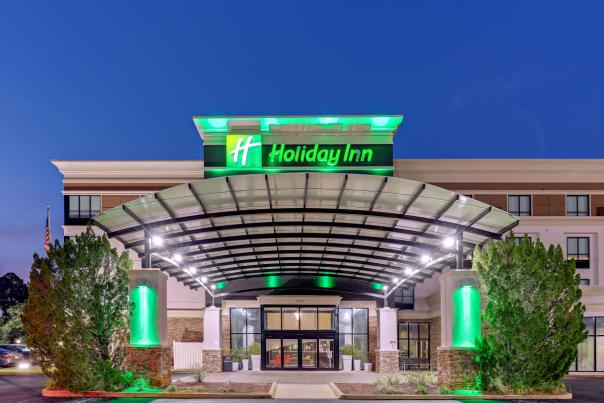 hotel entrance with neon lighting