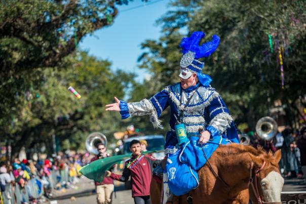 man in a Mardi Gras costume riding a horse in a parade