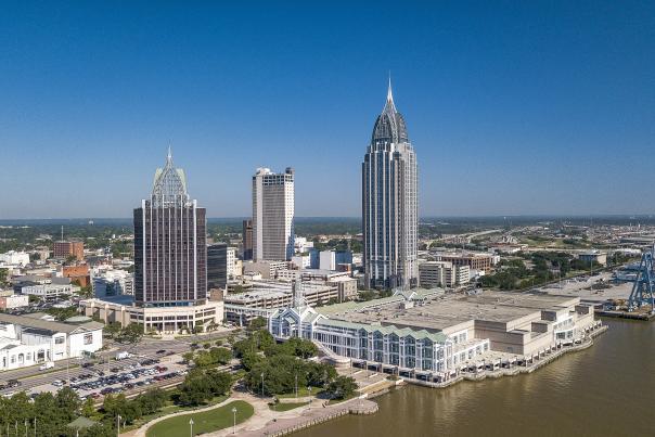 Arial view of the waterfront and downtown Mobile