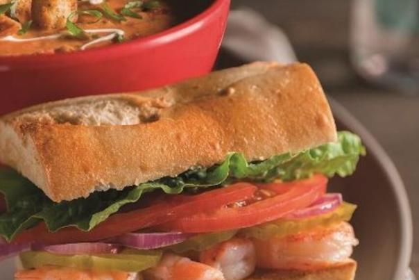 shrimp po' boy, bowl of soup