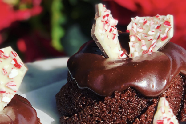 Chocolate cake with chocolate icing and peppermint bark on top