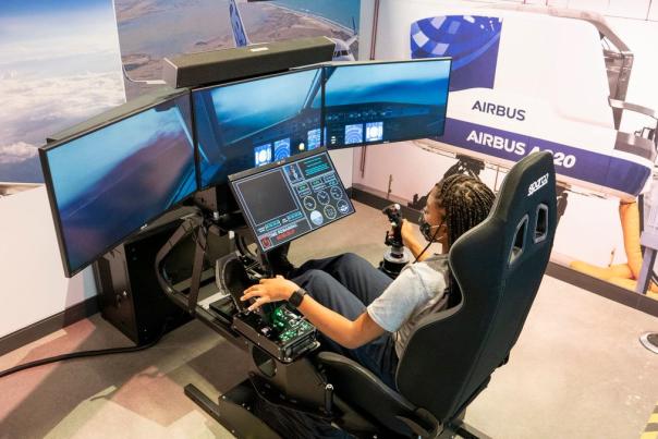 Girl in a flight simulator