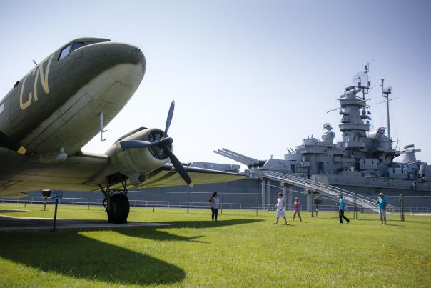 military airplane and USS Alabama Battleship