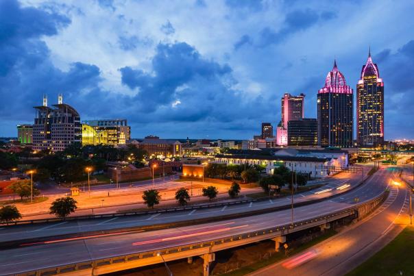 Skyline and interstate at night