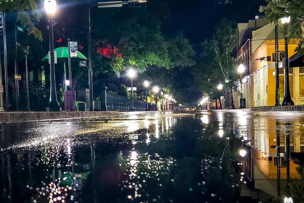 Rainy night shot of a downtown street