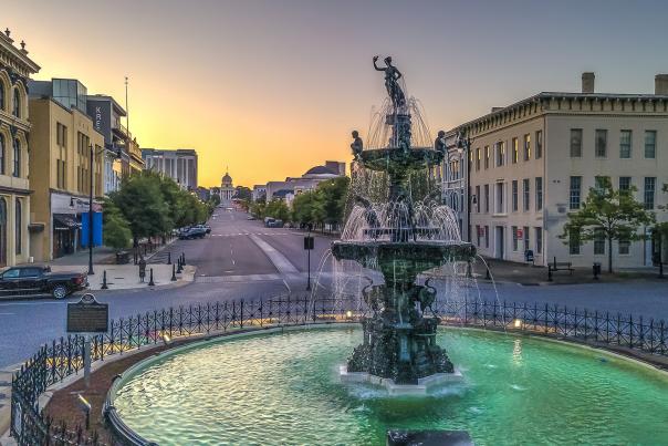 Court Square fountain on Dexter Avenue at sunset