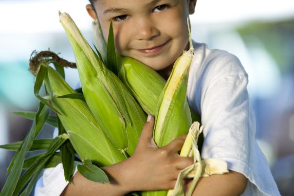 Boy with Olathe Sweet Corn at Farmers Market