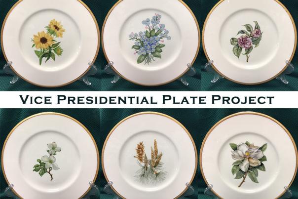 A sample of handpainted porcelain plates featuring state flowers and trees, created by Indiana porcelain artists for the collections of the Vice President's Residence.