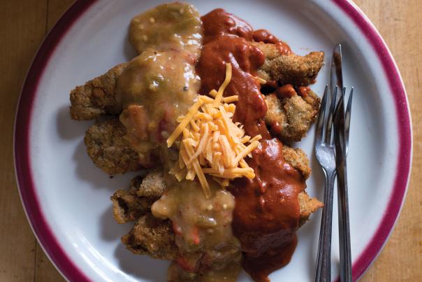 Chiles Rellenos with red and green chile sauce
