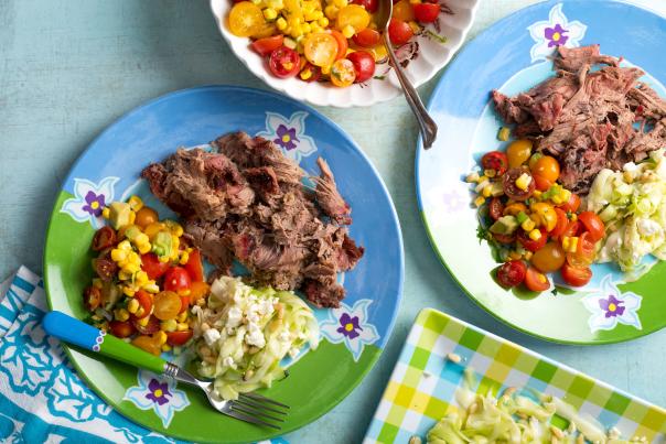 Insta-BBQ dishes, pulled pork, summer squash, and a veggie salad