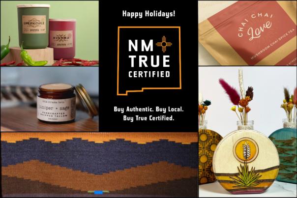 Image collage of holiday gifts with shop local message from New Mexico True Certified program