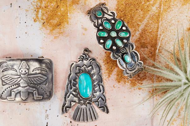Vintage knifewing box, Vintage thunderbird pendant with turquoise, Vintage stamped bracelet with turquoise, New Mexico Magazine