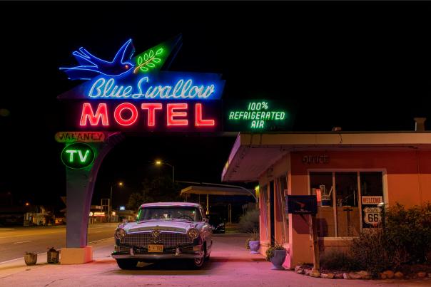 Neon lights the way to the Blue Swallow Motel, in Tucumcari.