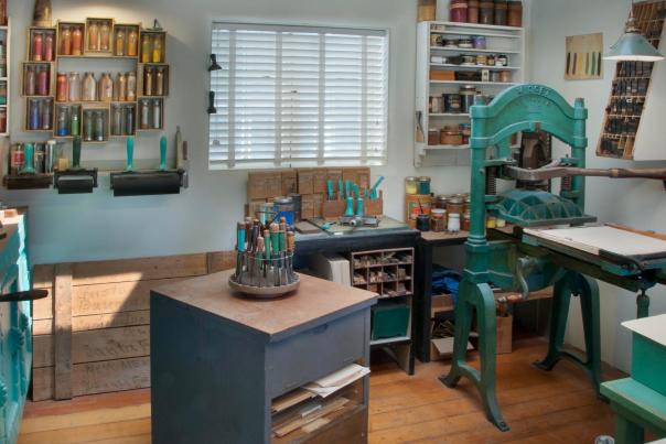 Copy of Gustave Baumann’s Midget Reliance press, carving tools and pigments