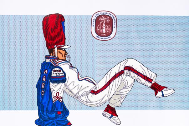 Keith Duncan, South Carolina State University Drum Major, 2023 – 2024, Acrylic, marker and patterned paper on paper, 18 x 24 inches