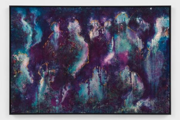 Alexis McGrigg, Kindred, 2022, Procion dye and gold mica powder on canvas, 71 x 104 inches, Collection of the artist