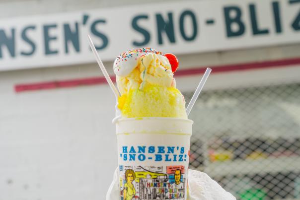 Cream of Ice Cream Snowball - Senior Atomic (with Vanilla Ice Cream on top instead of stuffed in middle) - Hansen's Sno-Bliz