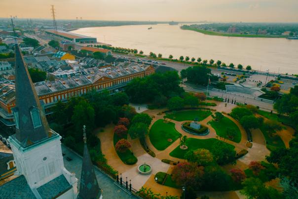 Sunrise over Jackson Square and the Mississippi River