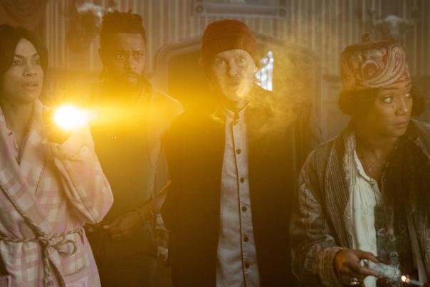 Chase Dillon, Rosario Dawson, LaKeith Stanfield, Owen Wilson, and Tiffany Haddish in Disney's Haunted Mansion, ©2023 Disney