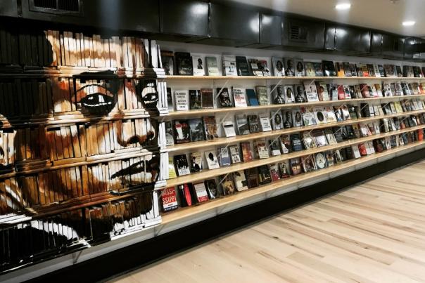 A bookshelf inside Baldwin & Co.