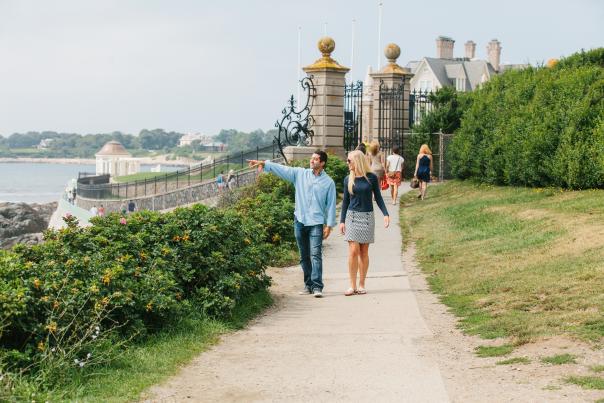 People walking along a path on Cliff Walk in Newport RI