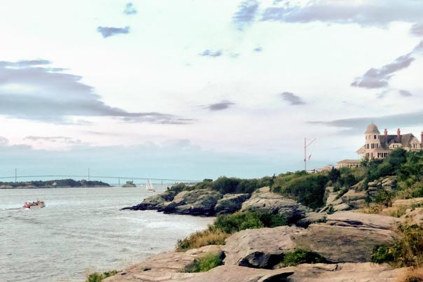 View of the ocean and Castle Hill Inn in Newport RI