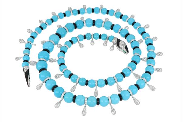 Bulgari Serpenti high-jewelry necklace in 18K white gold with 77 turquoise beads, onyx, emerald, and diamond, price on request,