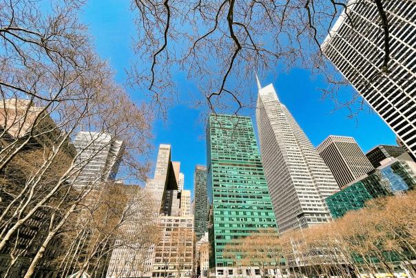 Bryant Park lawn with lush green grass surrounded by Midtown Manhattan skyscrapers on a clear day