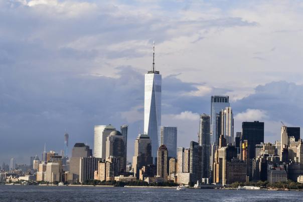 New York City Skyline from across the bay with the Freedom Tower predominant