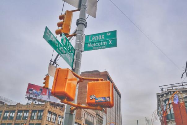 Street signage for Malcolm X Boulevard (Lenox Avenue) in Harlem, New York City, the neighborhood central to the Big Apple nickname's jazz era history