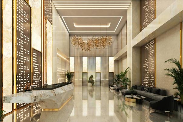 Elegant high-end hotel lobby with marble reception desk, gold accents, dramatic lighting, and lush greenery evoking Manhattan luxury hotel interiors