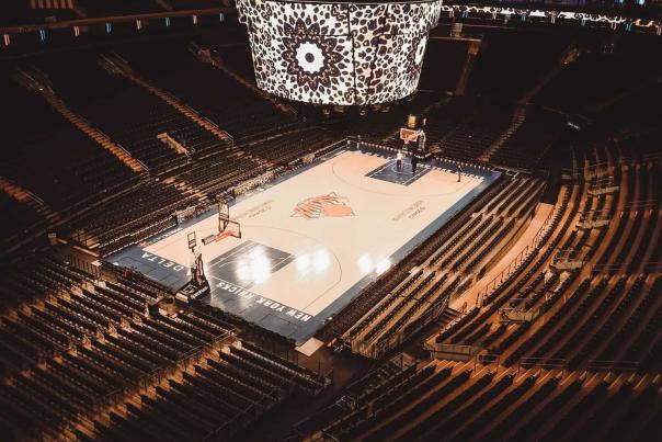 Angle view of the New York Knicks homecourt at Madison Square Garden