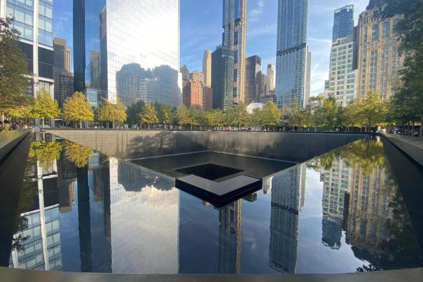 9/11 Memorial reflecting pool in Lower Manhattan, New York City.