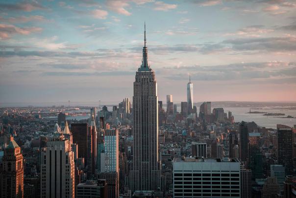 NYC skyline view from Top of the Rock with Empire State Building at sunset