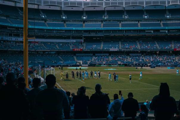 NYCFC players preparing to play an MLS game at Yankees Stadium in the Bronx