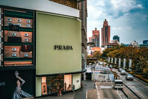 Modern prada building on a city street corner