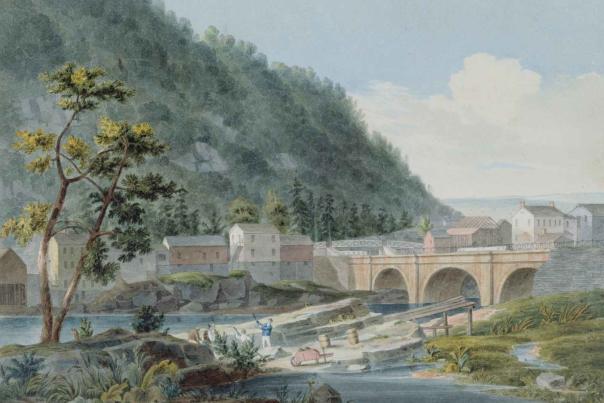 Historic watercolor illustration of the Erie Canal with a stone bridge, riverside homes, and forested hills in early New York State.
