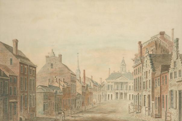1797 watercolor illustration of Broad Street and Wall Street in early New York City from the New York Public Library collection
