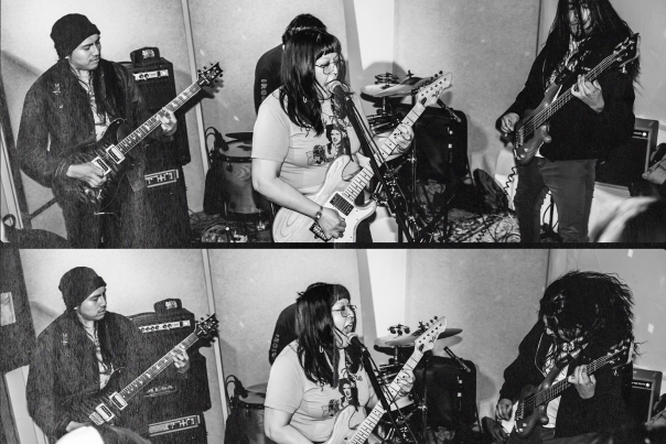 Weedrat band members perform in a small venue.