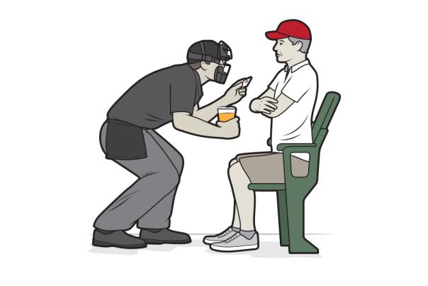 Illustration of a man showing his ID to a skeptical clerk.