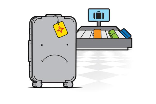 A sad-faced suitcase with a yellow tag on a white background stands beside a luggage carousel filled with colorful suitcases.