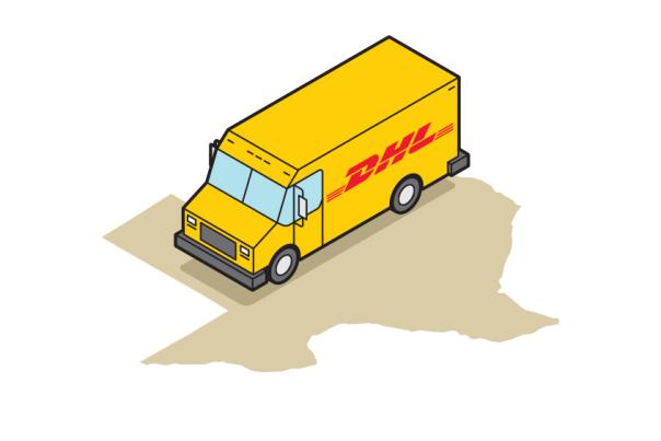 Illustration of a yellow DHL delivery truck driving over the state of Texas.