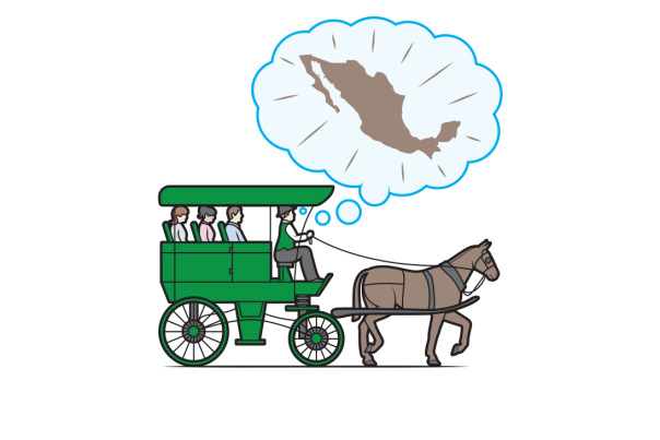 Illustration of a horse-drawn carriage with three passengers and a driver. A thought bubble shows an outline of Mexico.