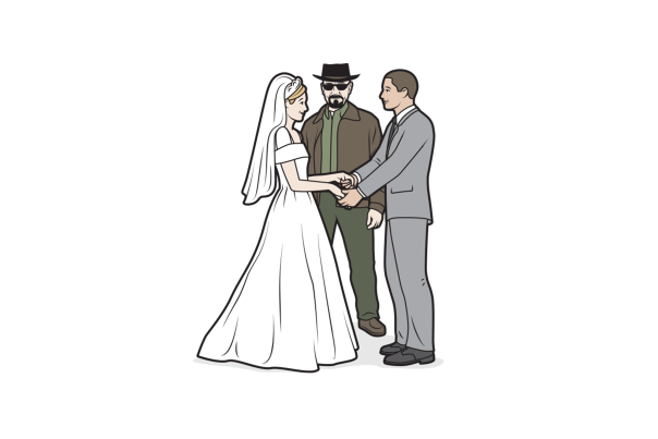 Illustration of a couple holding hands during a wedding ceremony with an officiant standing behind them.