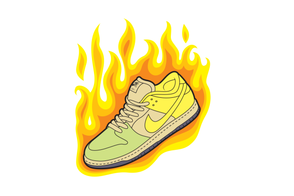 Illustration of a green and yellow Nike sneaker surrounded by orange and yellow flames.